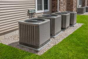 Air conditioning condensers at an apartment in Clarendon Hills, Illinois