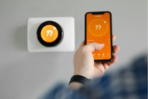 Smart thermostat at a house in Oak Brook, Illinois